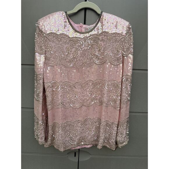 Vintage Talbots Joan Leslie Womens Pink All Over Sequin Beaded Silk Blouse Sz L - Picture 3 of 9